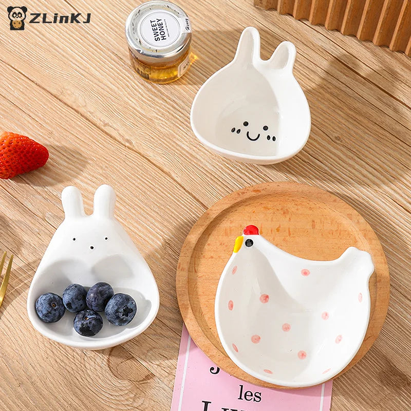 Kitchen Ceramic Dipping Plate Handle Sauce Cute Rabbit Cat Seasoning Zpaxo