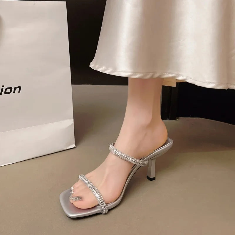 Square Toe Women's Rhinestone Strap Slippers Summer Temperament Open Zpaxo