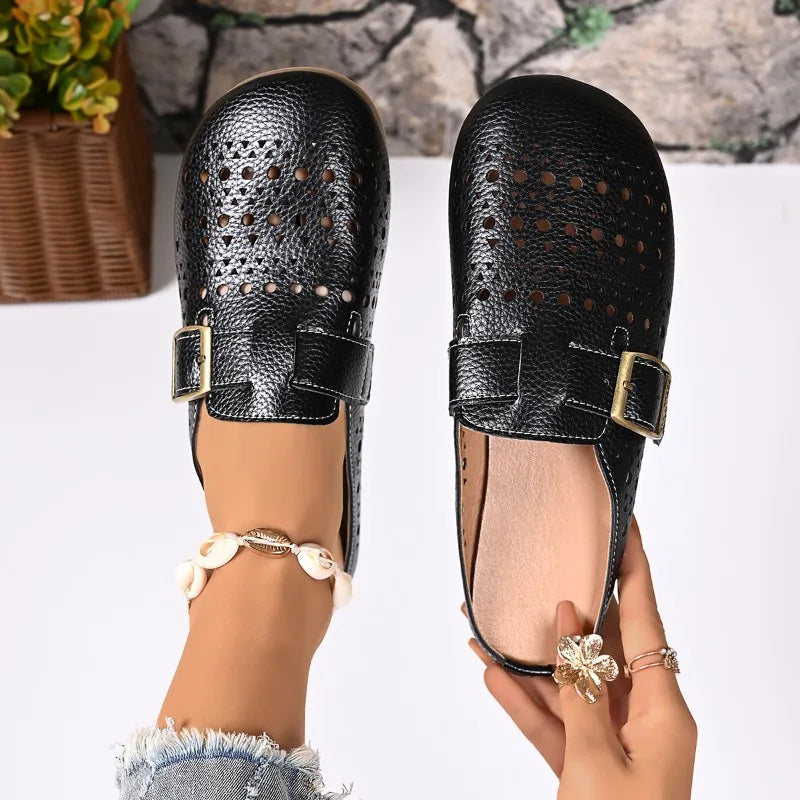 Summer Flat Women's Slippers Retro Breathable Hollow Outdoor Non-slip Zpaxo black 36