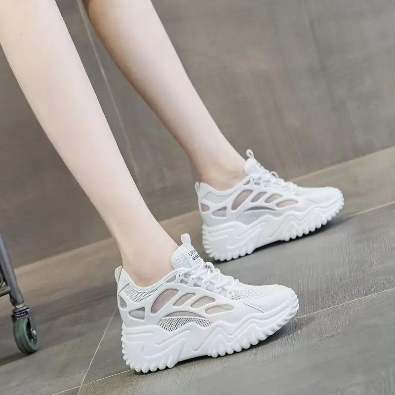 Black Leather Chunky Dad Sneakers Women Lace Up Design Round Toe Non Zpaxo
