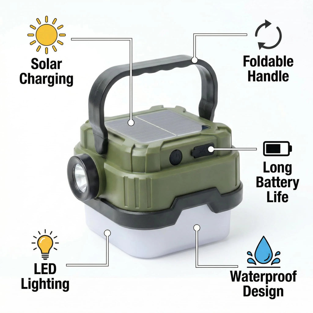 ESMARTER Solar Camping Lantern – 300LM LED, IPX4, USB Rechargeable