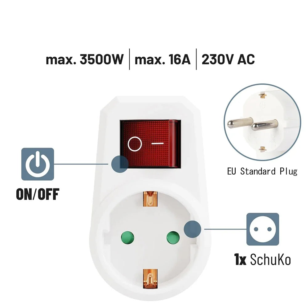 EU Plug Adapter with Switch & Neon Light – 16A 250V European Socket EU Plug Adapter Zpaxo