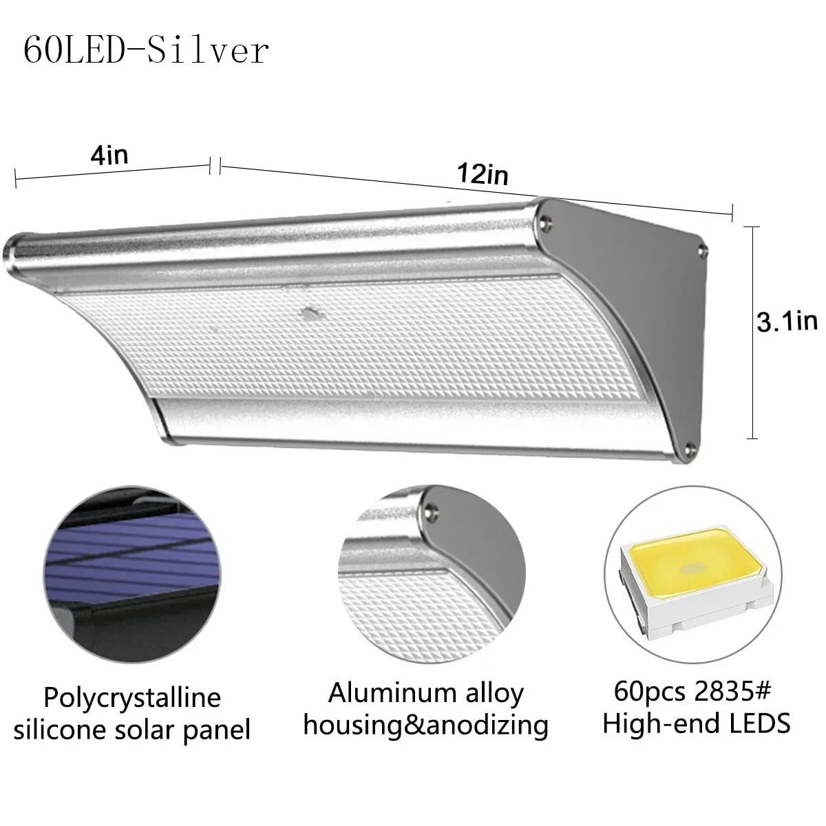 Outdoor Solar Wall LED Flood Lights with Radar Motion Sensor Waterproof Aluminum Shell Wall Lamp for Garden Lighting Zpaxo 60LED-Silver White China Mainland
