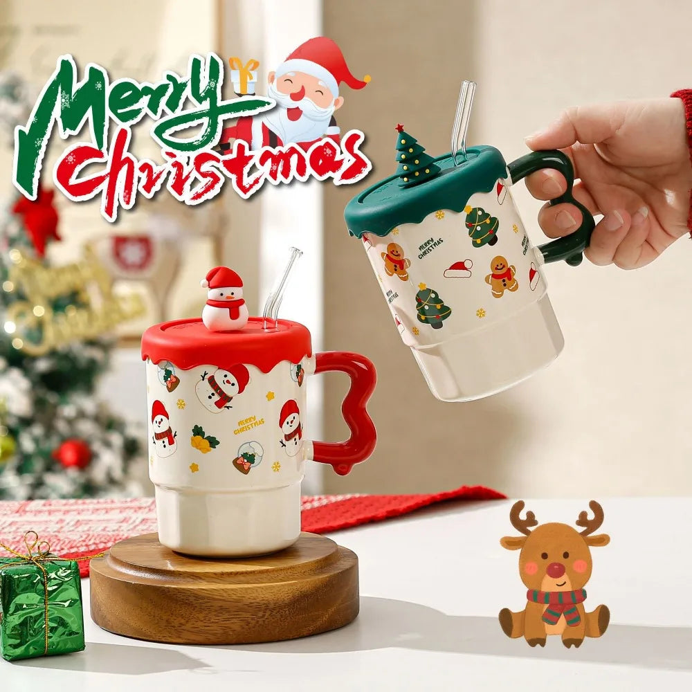 Cute Christmas Mug Lid Spoon Appearance Level Santa Claus Reindeer