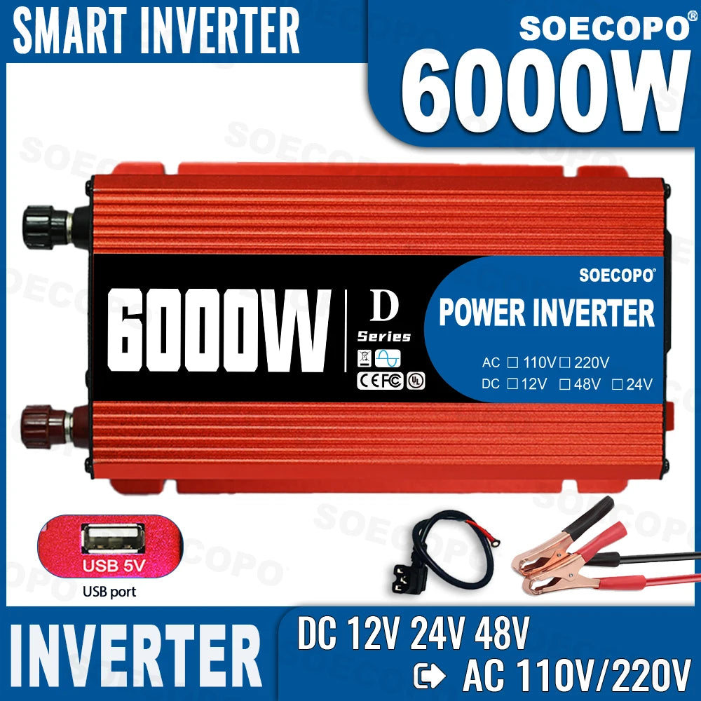 6000W Portable Smart Inverter 12V 24V 48V 110V 220V AC USB Port