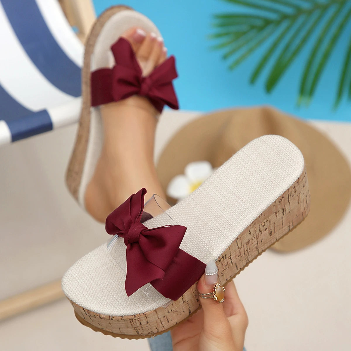 Women Wedge Sandals Leisure Large Size Shoes Women Platform Outdoor Sandals Leopard Print Bow Tie Slippers Luxury Slides Women Zpaxo wine red 42