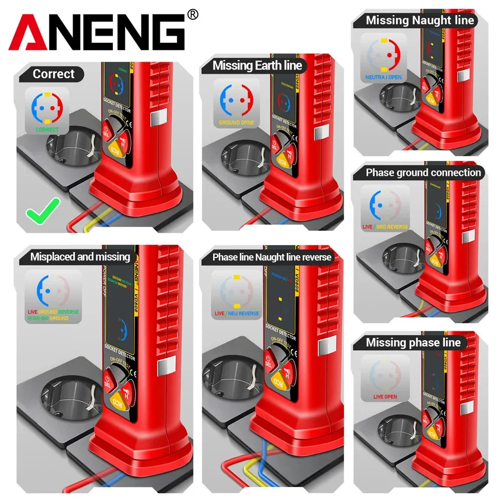 ANENG VD808 Socket Phase Meter Leakage Test US EU Plug Power Polarity