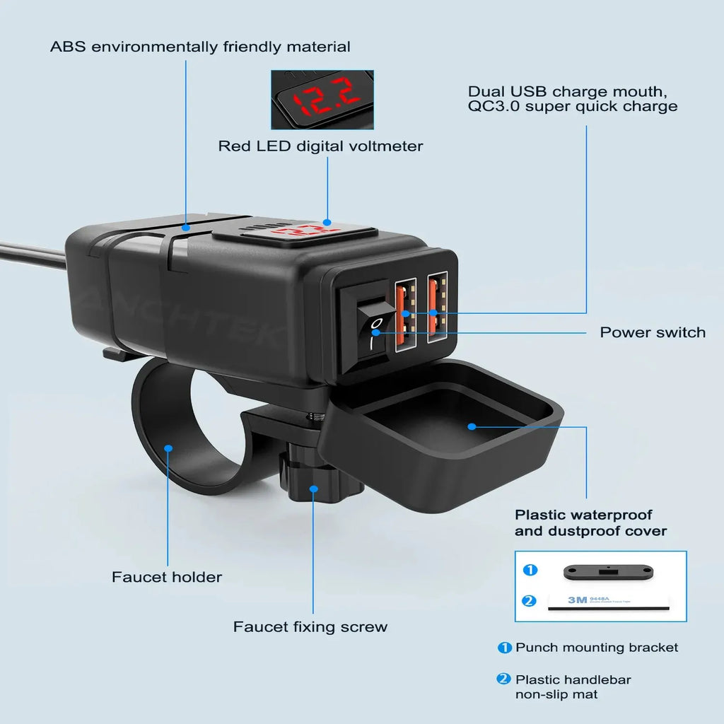 Universal Motorcycle USB Charger QC3.0 Handlebar Fast Charging Waterproof 12V Socket Adapter With Voltmeter Motorcycle Tools Zpaxo