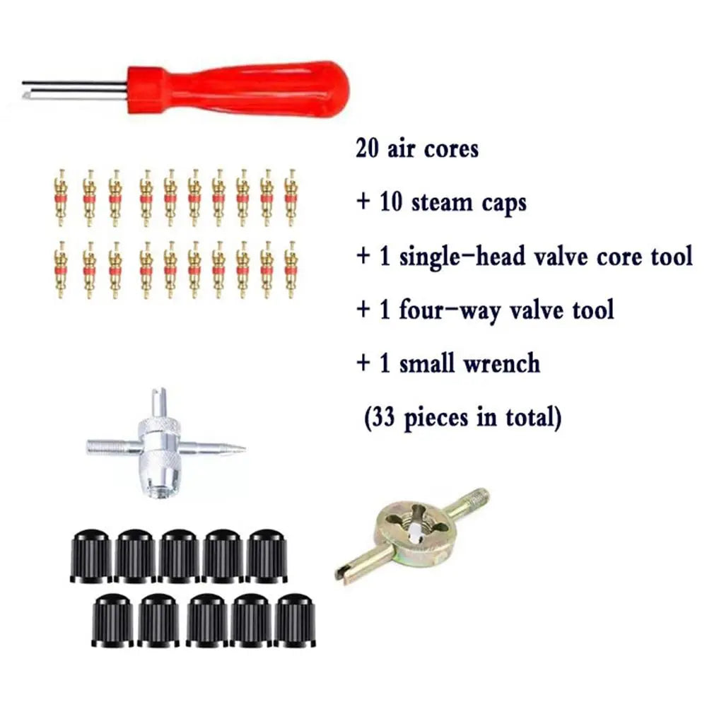 33Pcs Multi Function Tire Valve Stem Installer Tool Set Rust-proof Sturdy Valve Stem Core Remover Tool Universal Metal Zpaxo