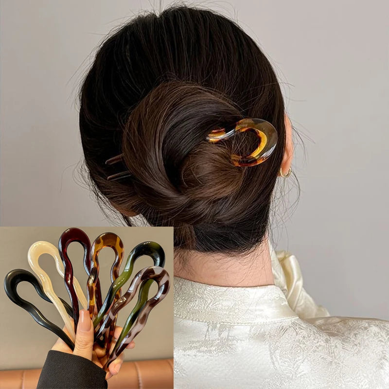 U-Shaped Hair Fork Fashion Tortoiseshell Acetate Acrylic Hairpin Geometric Headwear Hair Sticks Women Girls Hair Accessories Zpaxo