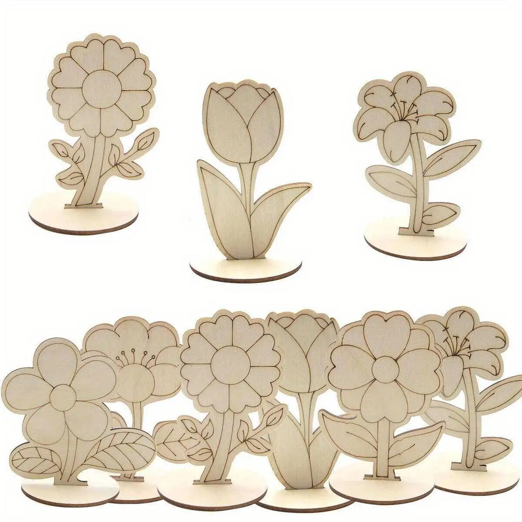 6Pcs/Set Rose/Lily/Sunflower Wooden Ornament Wood DIY Painting Crafts For Spring Happy Easter Party Table Decoration Supply Zpaxo