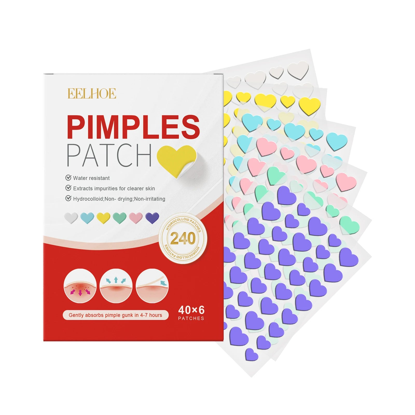 240Pcs Salicylic Acid Acne Pimple Patches Colorful Round/Heart/Flower/Star Shape Acne Removal Skin Care Stickers Covering Zits Zpaxo Heart 240Pcs