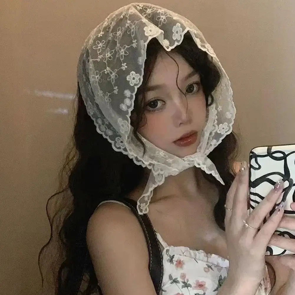 Retro Floral Lace Head Wrap Scarf | Women's Triangle Headscarf Lace Head Wrap Scarf Zpaxo
