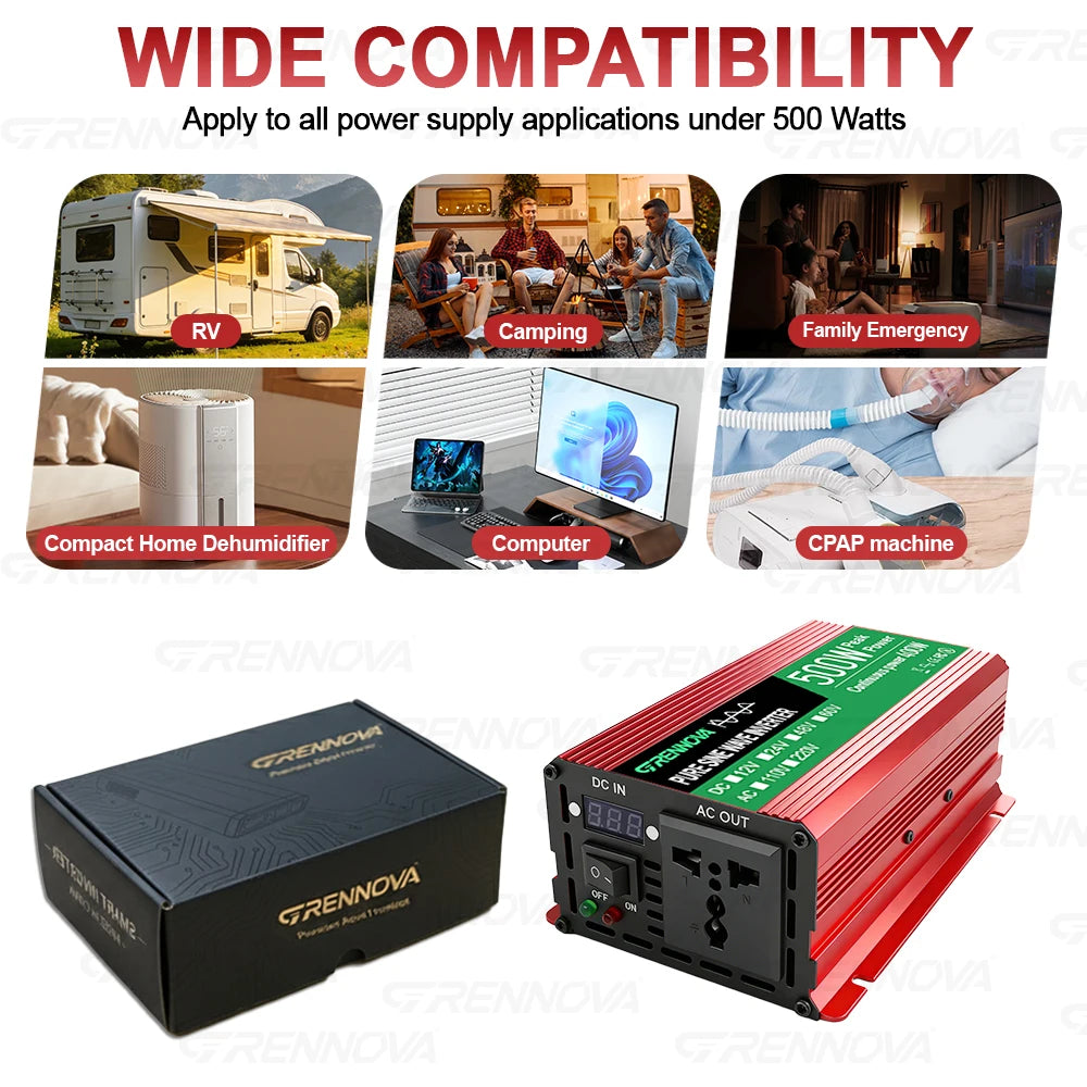 Pure Sine Wave Inverter 500W DC 12V/24V/48V/60V to AC 110V/220V Voltage Transformer Real Power 400W for Home Solar System Zpaxo