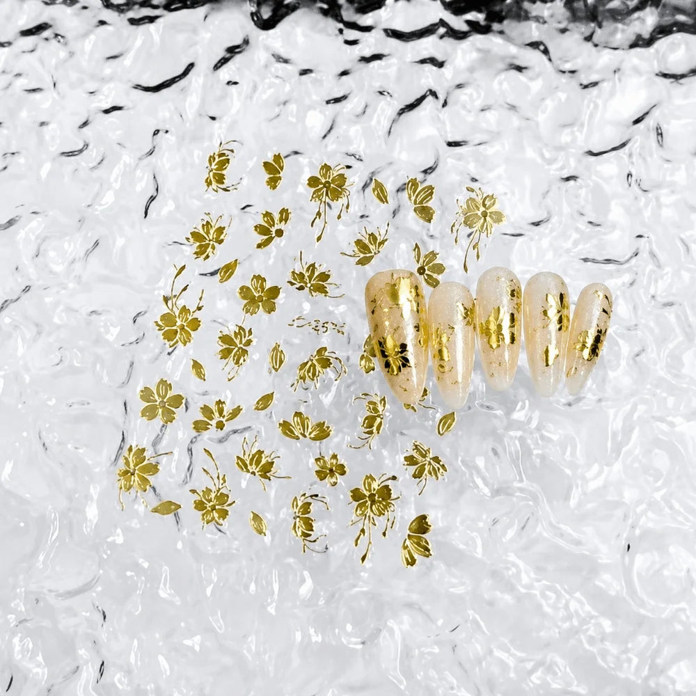 Gold Flower 3D Nail Sticker Adhesive Press on Nail Floral Relief Nail Sticker Lasting Flowers Nail Art Decal Nail Art Decoration Zpaxo Gold