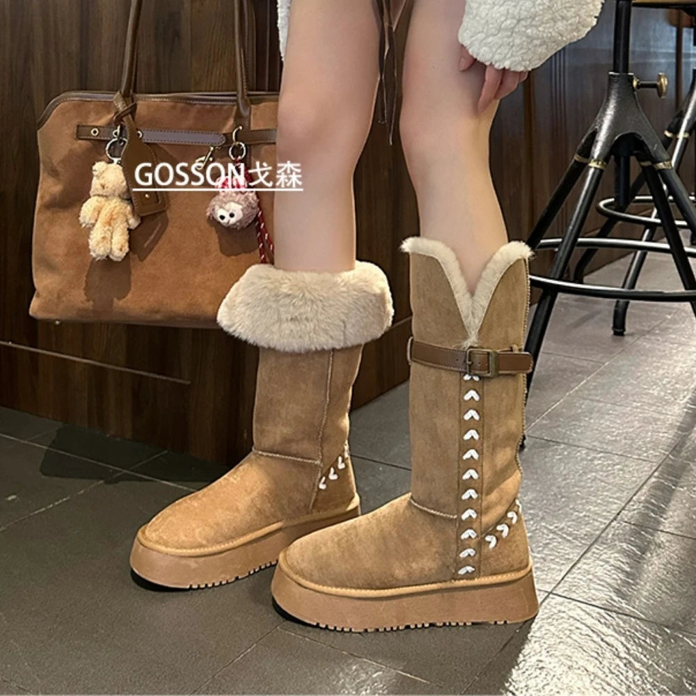 Belt Buckle Boots Winter Round Head Suede Warm Sleeve Thick Bottom