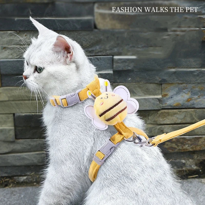 Cat Harness Leash Collar Adjustable Cartoon Bee Double Layer Dog