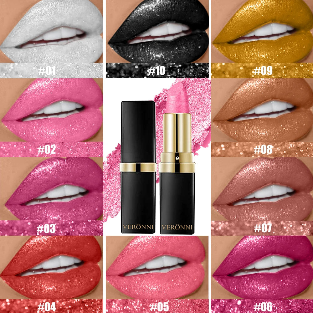 Diamond Shimmer Lipstick Lip Gloss Pigmented Long Lasting 10 Colors Zpaxo