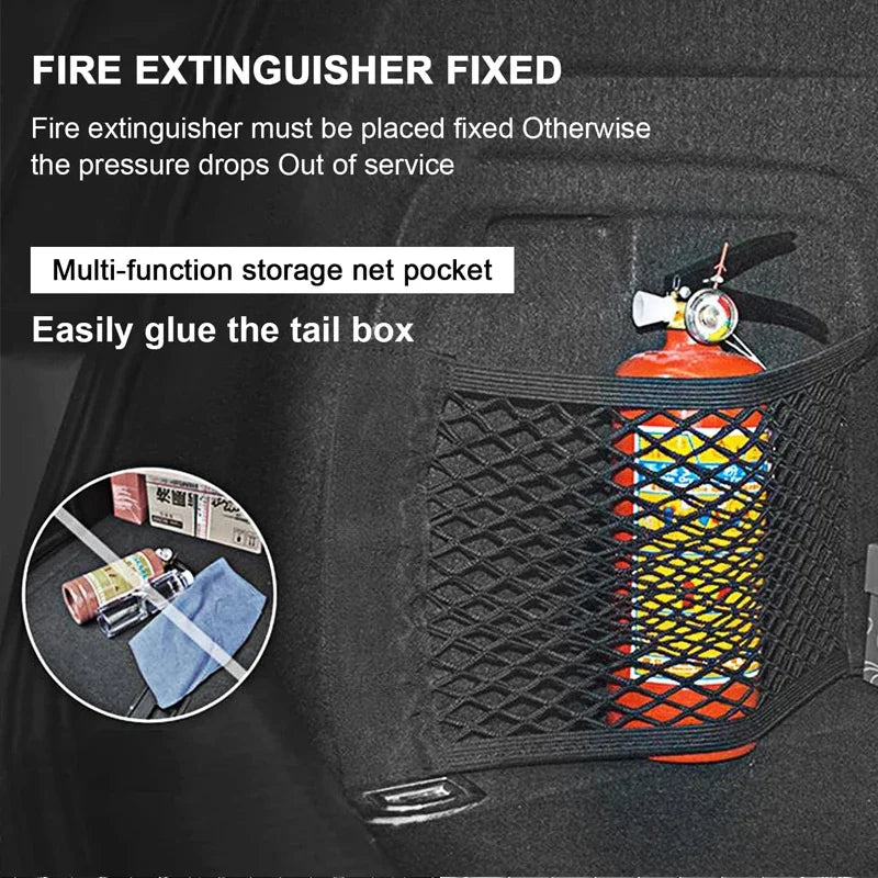 Car Trunk Mesh Storage Bag Elastic Fixing Strap Fire Extinguisher