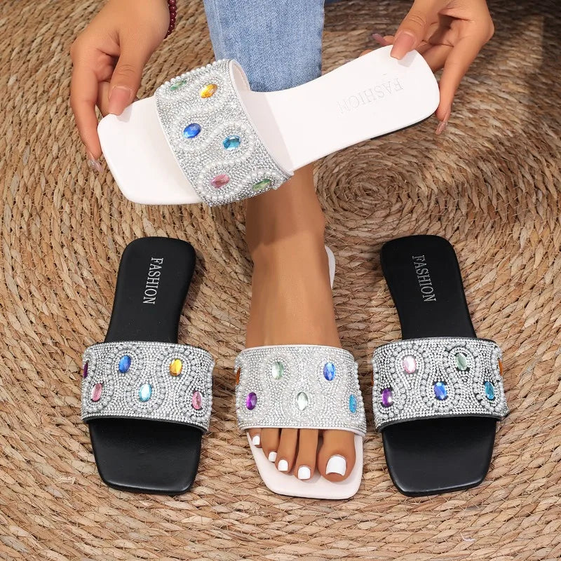 Women's Slippers Colorful Rhinestone Decor Sandals Summer Bling Zpaxo