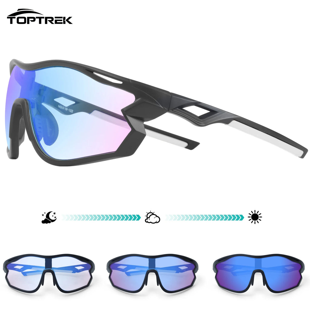 Toptrek Polarized Photochromic Cycling Sunglasses UV400 Sports Glasses Men Women Windproof Eyewear for MTB Road Bike Outdoor MTB Zpaxo 05 Black color blue