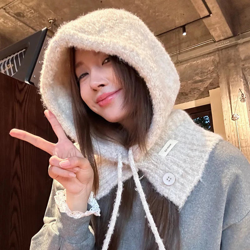 Korean Hat Scarf Women's Autumn Winter Warm Ear Protection Hooded Zpaxo Beige one size