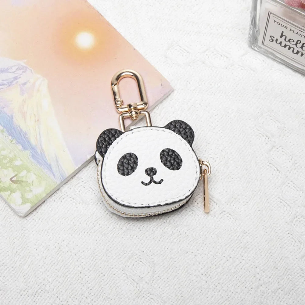 Mini Cute Panda Keychain Zipper Coin Bag PU Leather Pendant Wallet Keychain Earphone Bag Women Zpaxo White