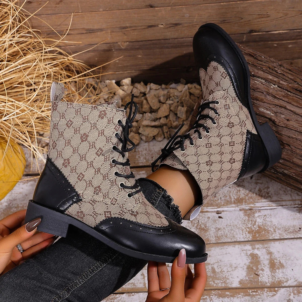Winter Autumn Women Ankle Boots Open Toe Large Size Retro Boots Women Lace Up Comfortable Shoes Women Outdoor Comfortable Shoes Zpaxo Black national style 43