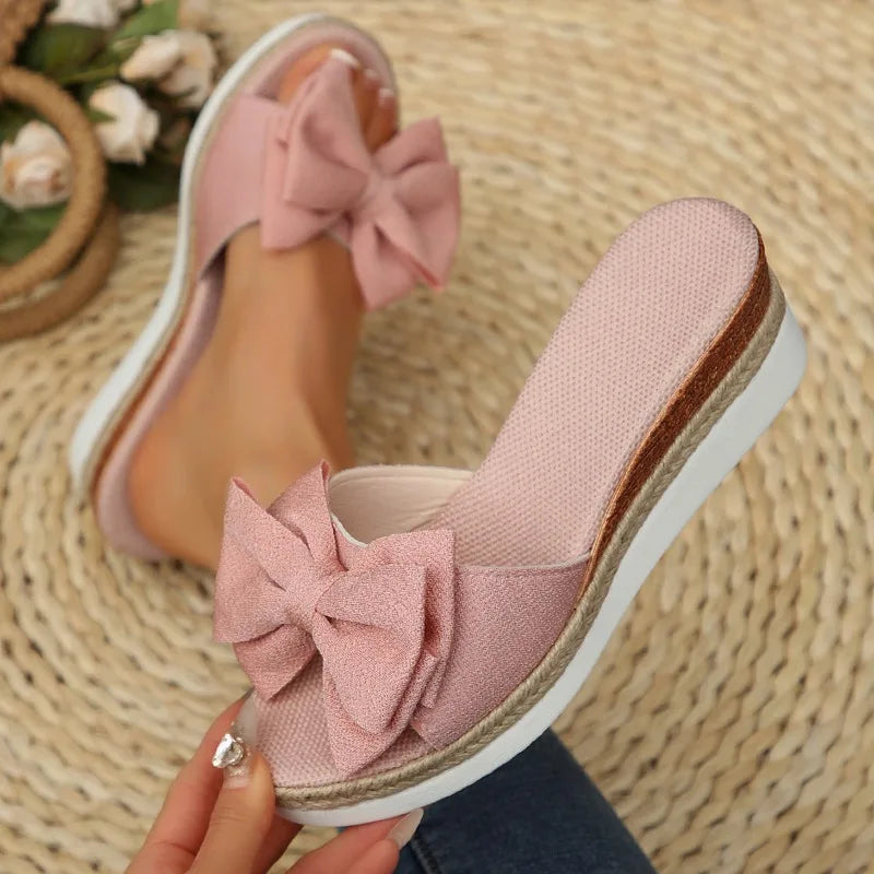 Women's Fish Mouth Open Toe Vintage Bow Embellishment Wedge Heel Zpaxo Pink 43