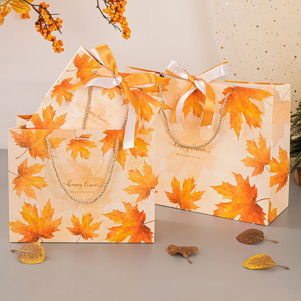 Maple Leaf Bag Ribbon Bow Paper Tote Handles Birthday Wedding Holiday
