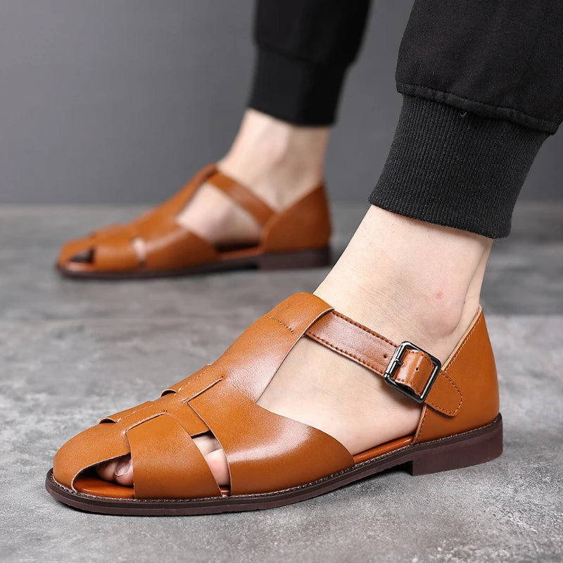 Vintage Brown Leather Roman Sandals Breathable Closed Toe Summer Zpaxo