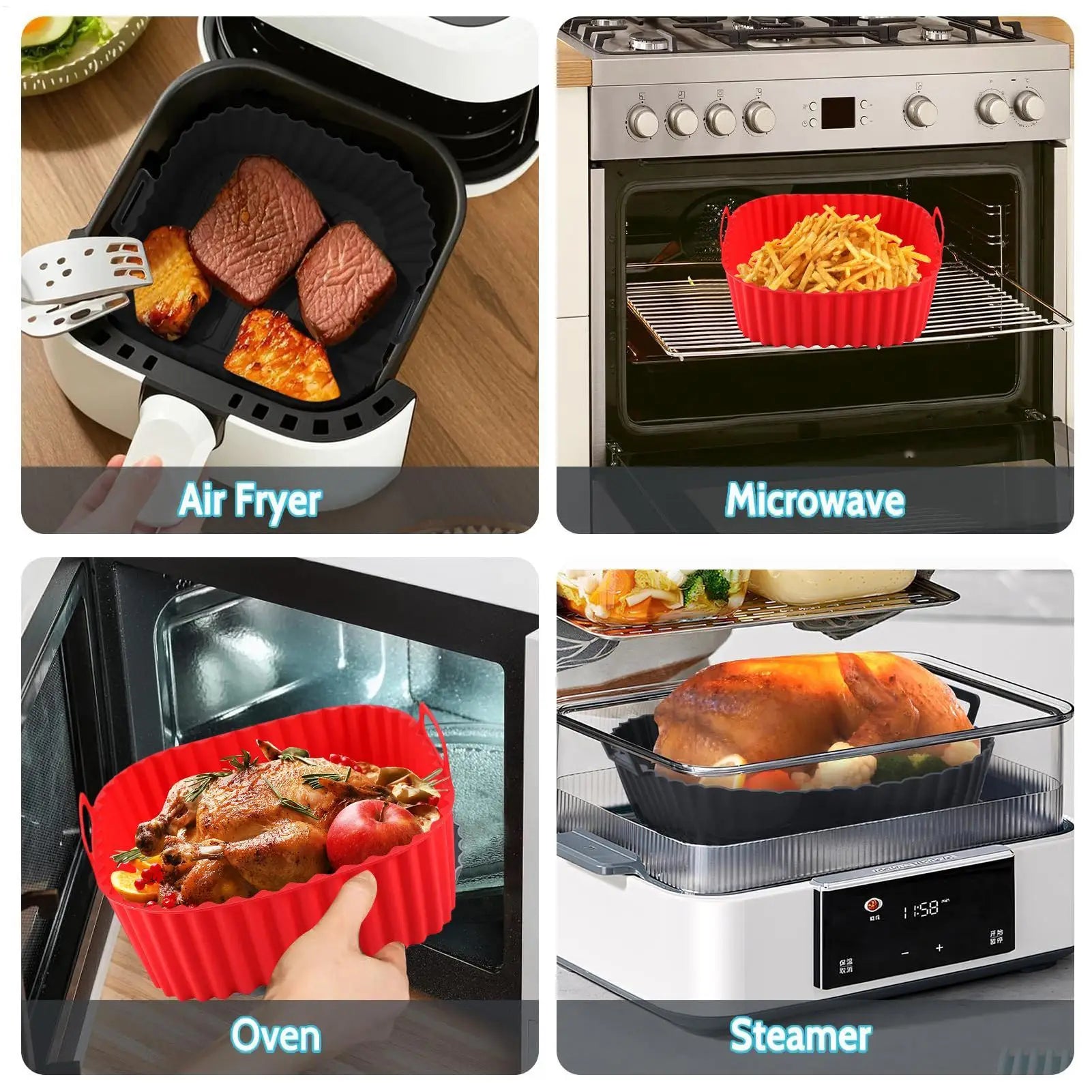 Silicone Air Fryer Liners Square Non Stick Reusable Basket Pizza