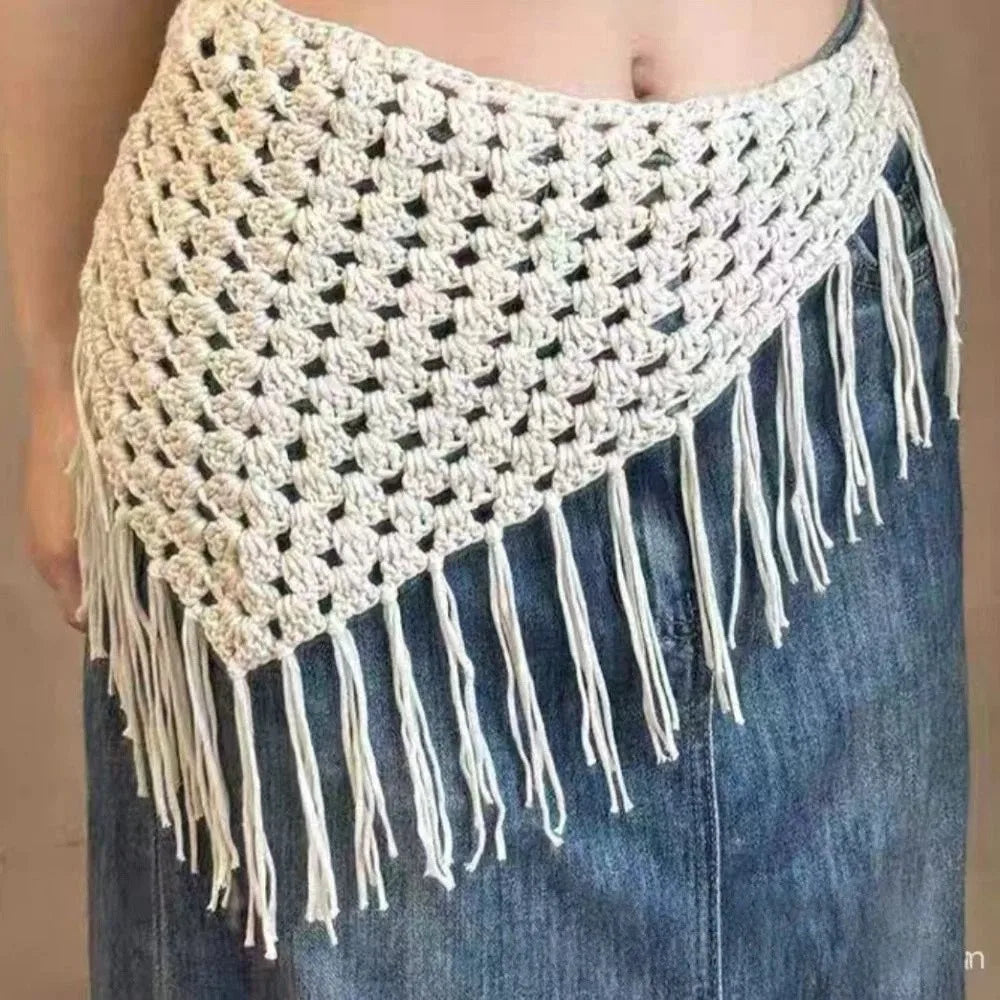 New Adjustable Hollow-Out Mini Skirt Fringe Trim Hand-knitting Fashion Bandana Y2K Streetwear Waist Hip Wrap Travel Accessory Zpaxo
