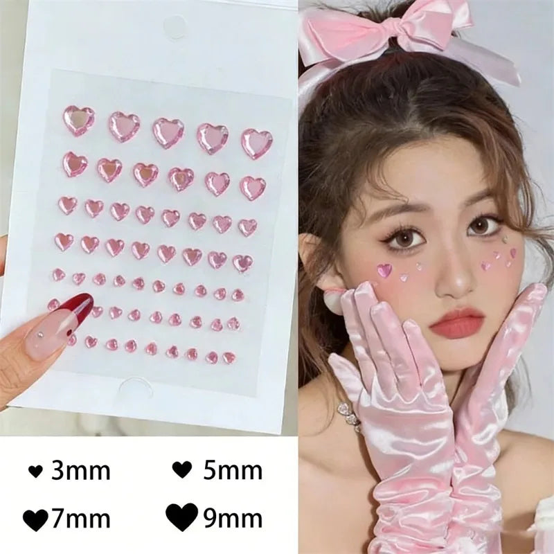 Heart Rhinestone Face Jewels Stickers 3D Multicolor Self-adhesive Zpaxo Pink