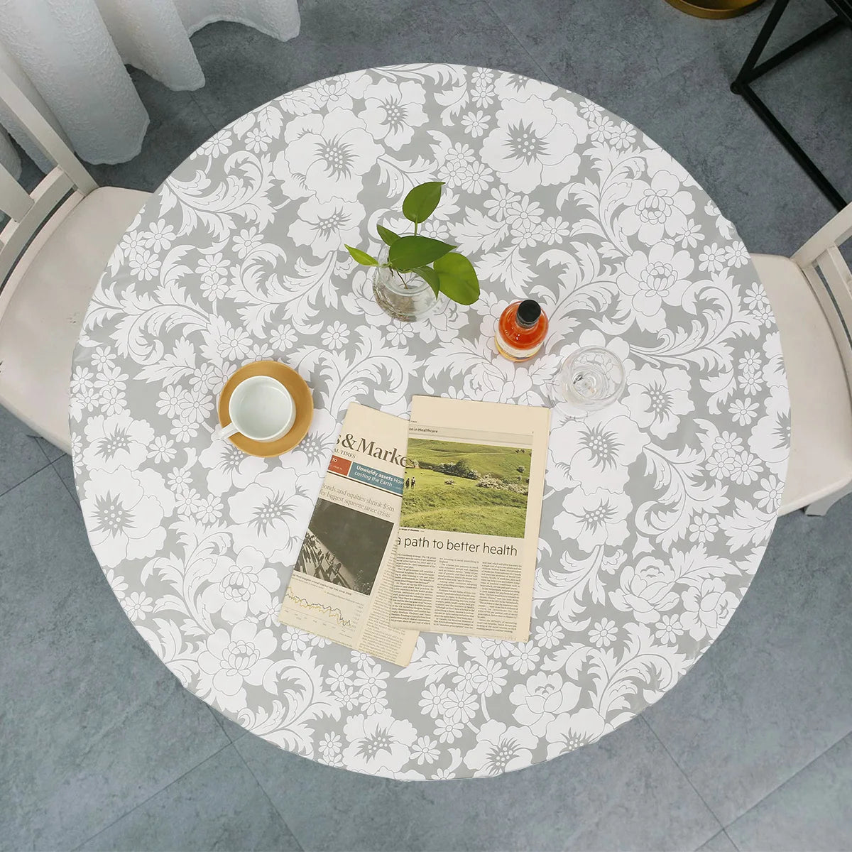 Waterproof Round Tablecloth Elastic Fixation Edged PVC Table Cover Flannel Backed Table Pad Oil-Proof for Dining Table Kitchen Zpaxo
