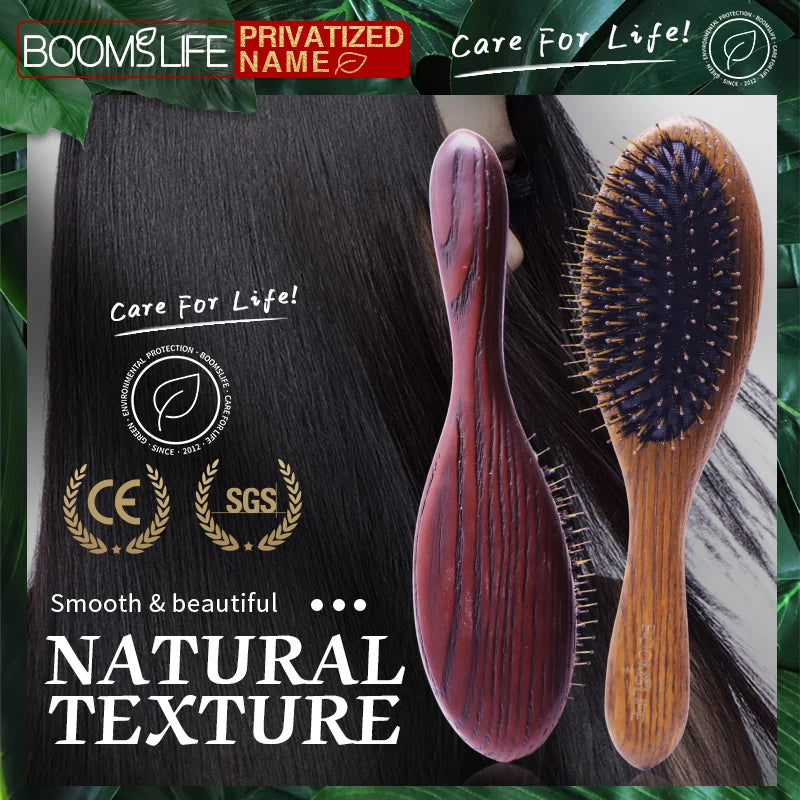 Custom Name Boar Bristle Hair Brush Women Detangling Hairbrush Hair Style Wood Comb Wet Dry Hair Scalp Brosse A Cheveux Bebe Zpaxo