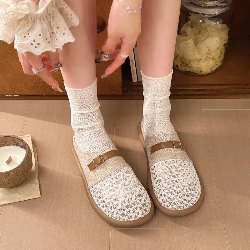 Round Toe Comfortable Women's One-word Buckle Strap Breathable Zpaxo