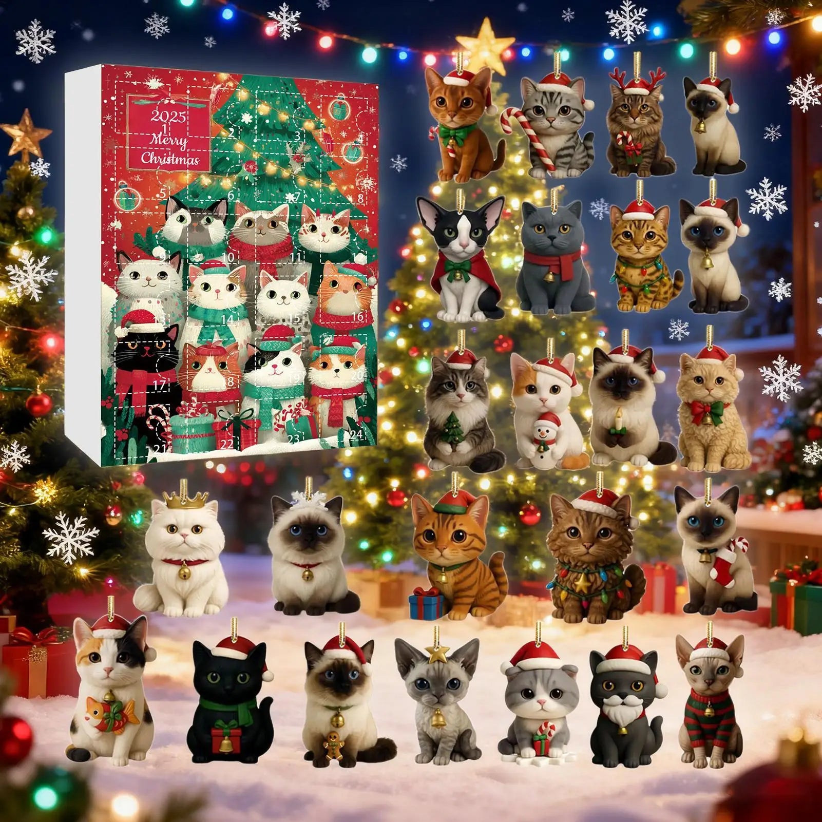 Cat Christmas Countdown Calendar Keychain 2D Acrylic Ornament Charm