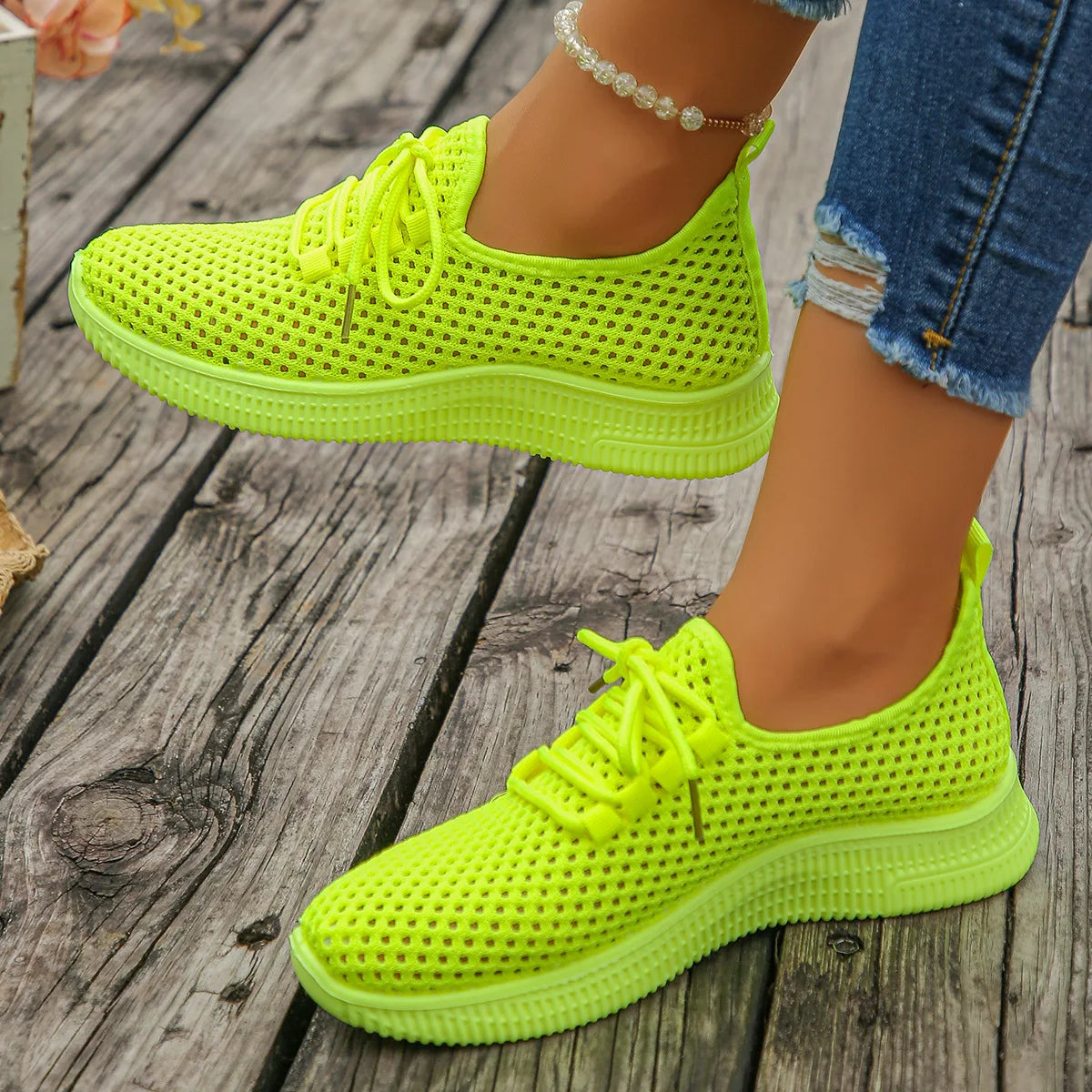 Women's Breathable Mesh Sneakers Lace-up White Walking Shoes Non-slip Zpaxo image color 8 38