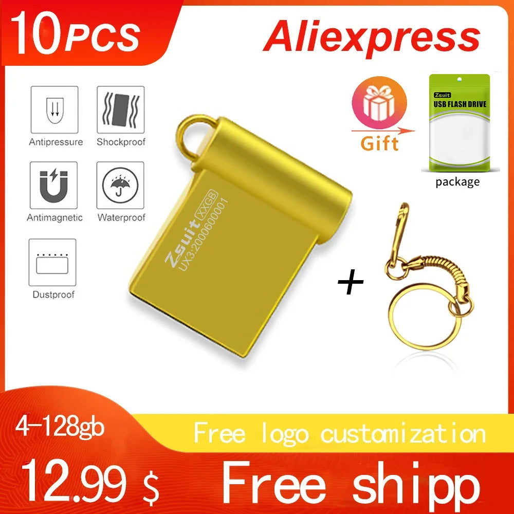 Zsuit 10pcs Free Logo Memory U Disk USB Flash Drive 4GB USB Metal Stick Pendrive 64gb USB Mini Pen Drive 32GB Memory U Disk Zpaxo