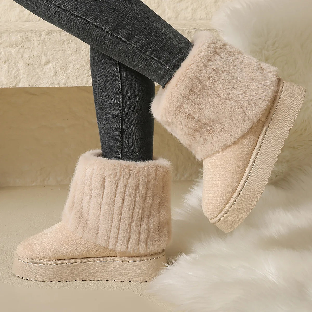 Shoes Women Winter Women's Boots Black Round Toe Solid Flock Plush Zpaxo 40 WHITE