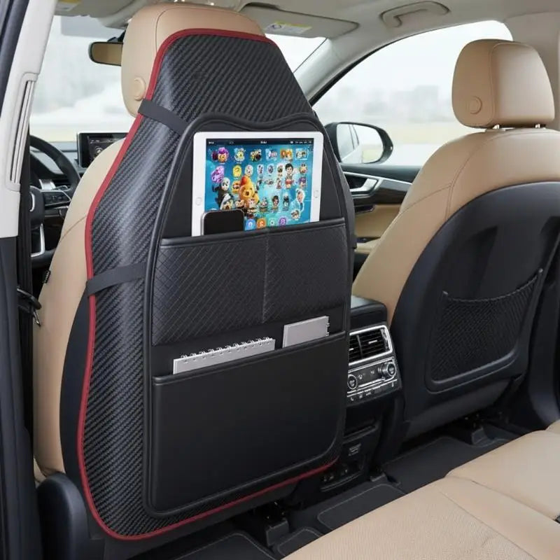 PU Leather Car Seat Back Protector with Pockets & Tablet Holder