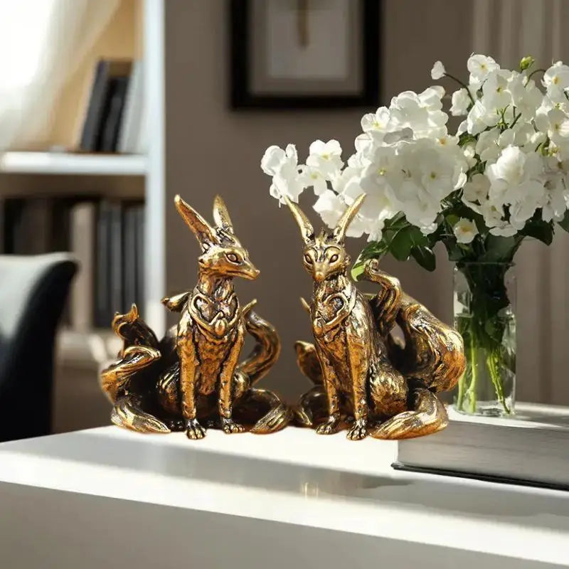 Copper Miniature Nine-tailed Fox Sculpture Brass Desk Accessory Zpaxo