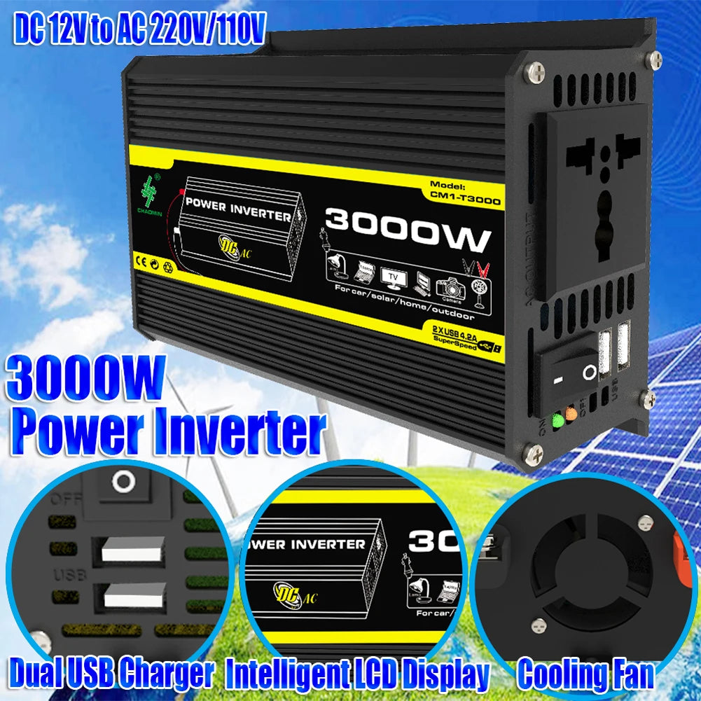 DC 12V To AC 110/220V Intelligent Power Inverter Dual USB Car Voltage Transformer 3000W Digital Power Inverter Built-in Fuse Zpaxo