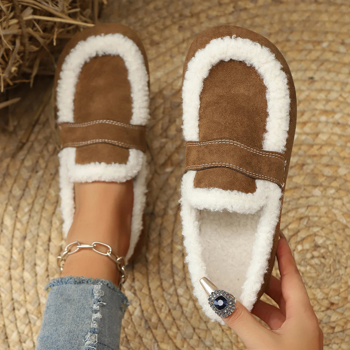 Women Ankle Boots 2025 New Winter Style Cotton Shoes Fur Flat Indoor Outdoor Shoes Thick Bottom Slip-On Home Snow Boots Women Zpaxo
