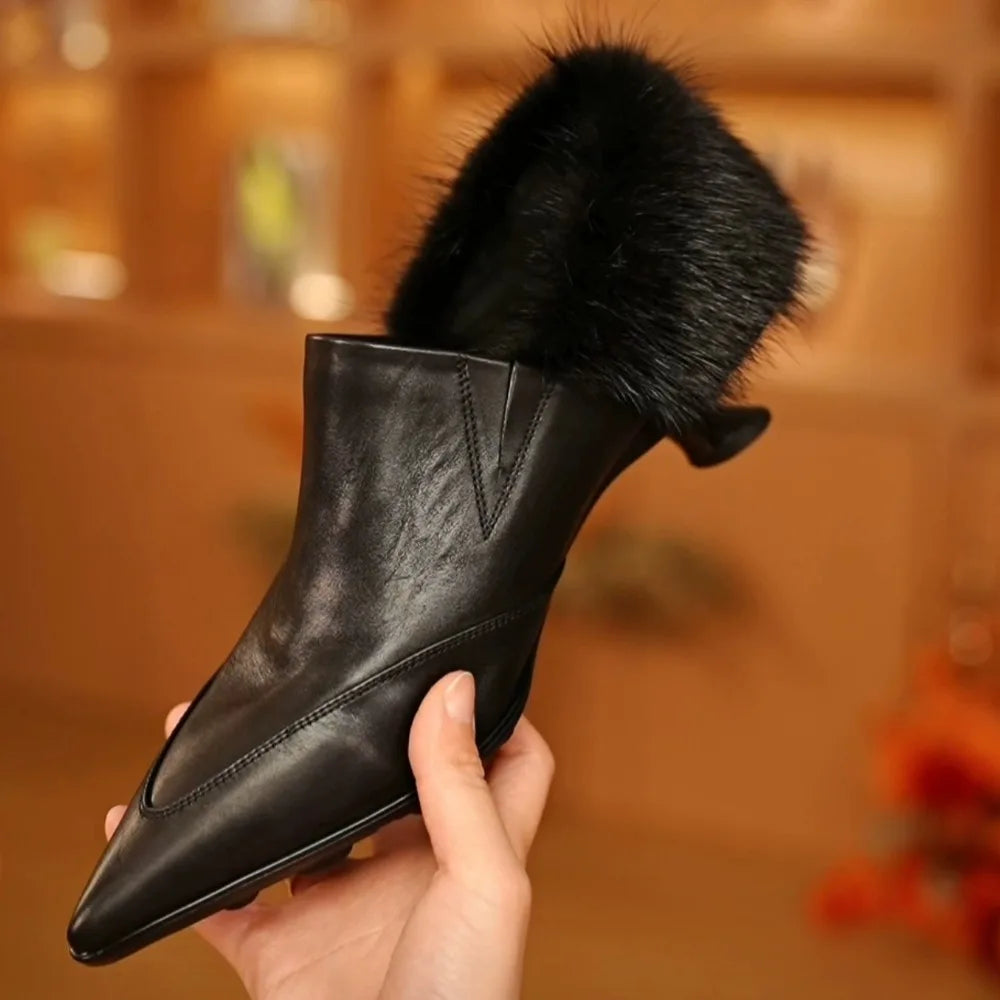 Fur Women Luxury Heeled Shoes Pointed Toe Fashion Dress Pumps Autumn