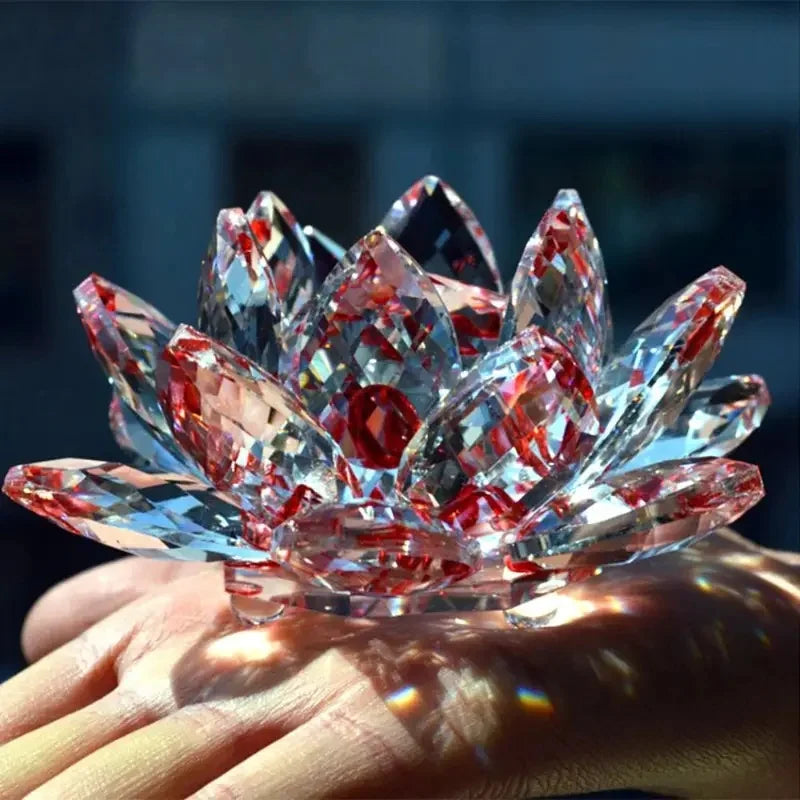 Crystal Lotus Flower Ornament Hand Cut Clear Glass Decor Feng Shui