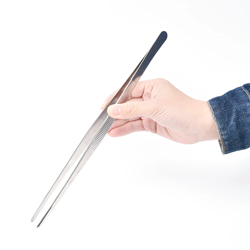 25 Straight Toothed Tweezers Barbecue Stainless Steel Long Food Tongs