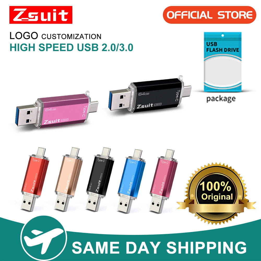ZSUIT LC Type-c 3.0 Flash Drive 16GB 32GB Metal OTG 2 IN 1 Pen Drive 2.0 Memory Stick USB Custom LOGO cle Usb Waterproof U Disk Zpaxo
