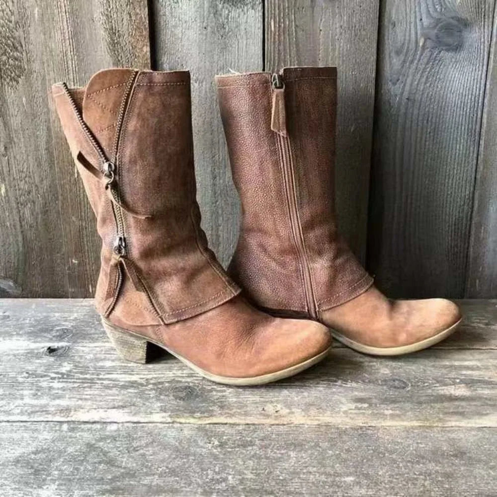 Fashion Pleated Buckle Knight Boots Women Autumn Brown PU Leather Mid